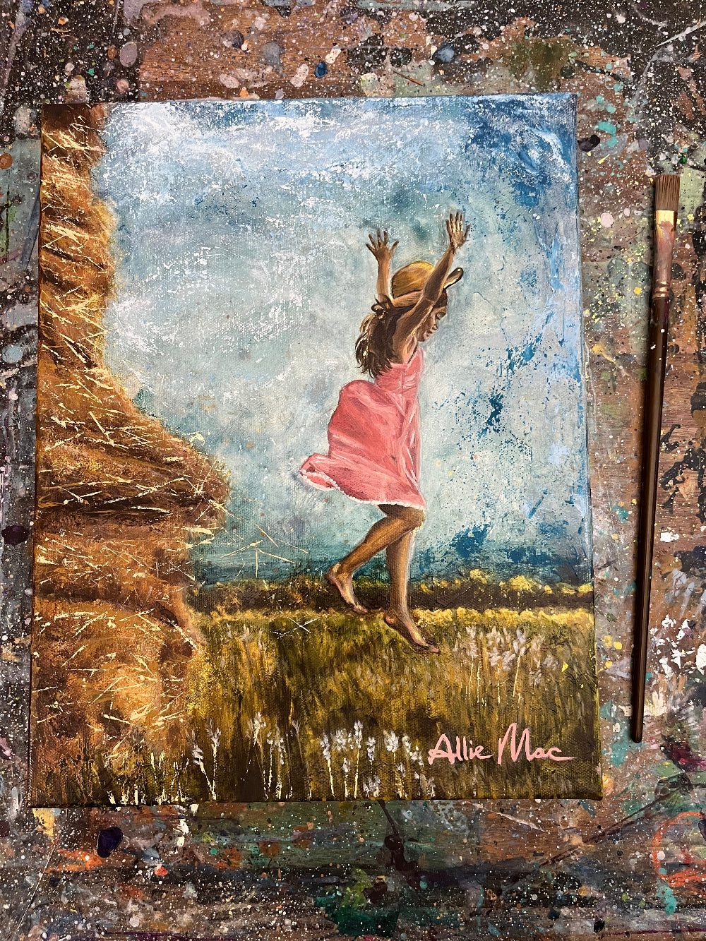 Leap of Faith” by Allison Victoria — impressionistic mixed media and oil painting of a young girl joyfully leaping through a sunlit field beneath a textured blue sky, symbolizing faith, hope, childhood wonder, and spiritual growth. Original 11x14 gallery wrapped canvas from the Love and Light series.