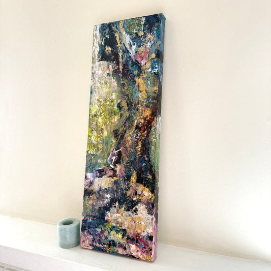 ‘Looking In’ by Allison Victoria textured acrylic palette knife painting of a child peering into a glowing tree hollow, surrounded by luminous woodland colors and expressive impasto detail.