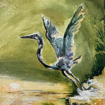 Painting of a heron emerging from water on a textured green background