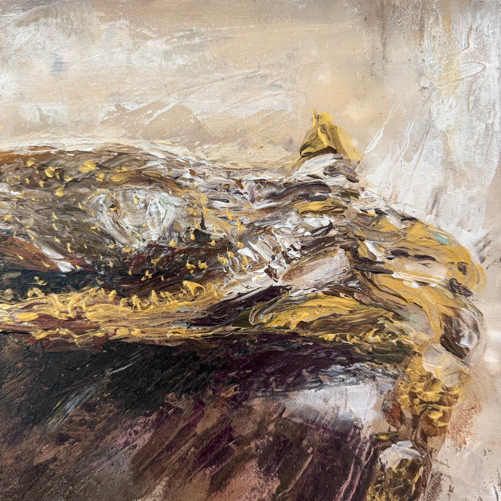 Abstract palette knife painting of coastal crab with swirling brown, gold, and white colors thick texture