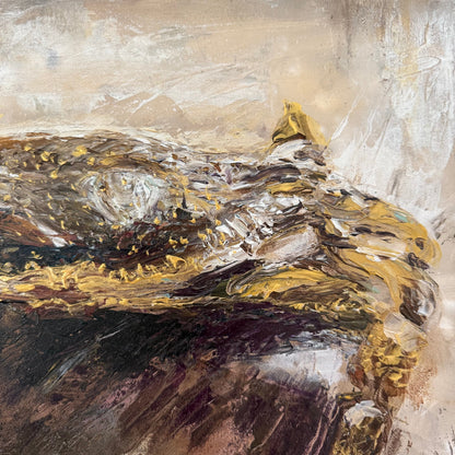 Abstract palette knife painting of coastal crab with swirling brown, gold, and white colors thick texture