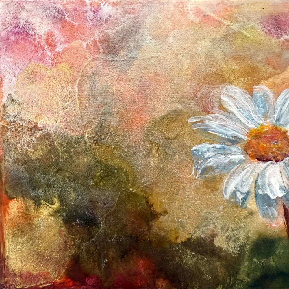 Abstract painting with a daisy-like flower in the corner zoomed to show texture and detail