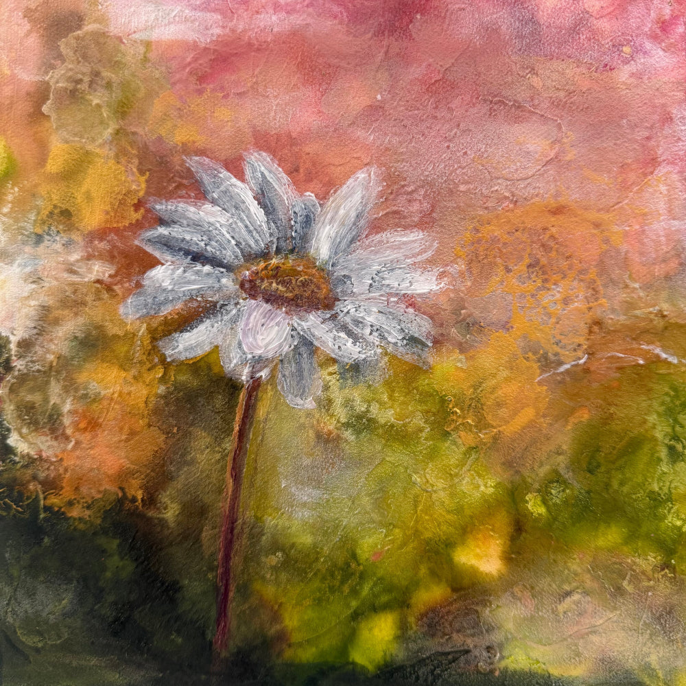 Artistic depiction of a flower with a colorful, textured background detail zoomed in