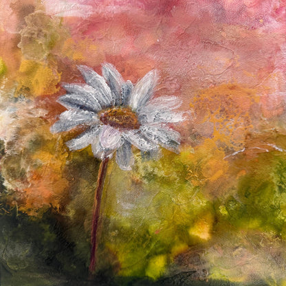 Artistic depiction of a flower with a colorful, textured background detail zoomed in