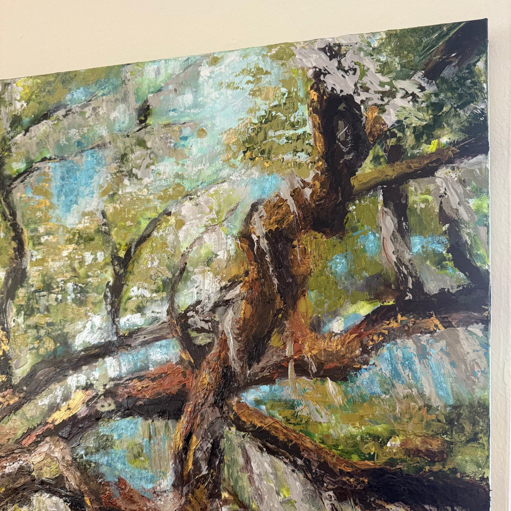 Artistic depiction of a tree with intricate branch details zoomed in detail shot to show palette knife texture