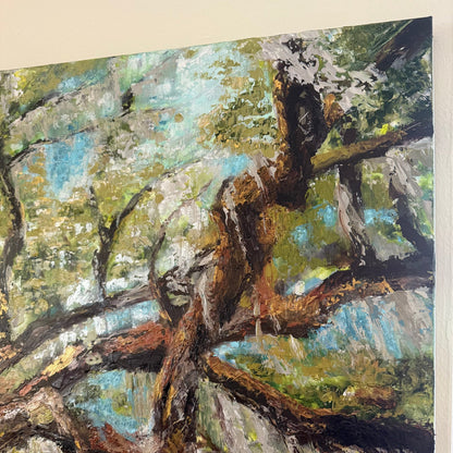 Artistic depiction of a tree with intricate branch details zoomed in detail shot to show palette knife texture