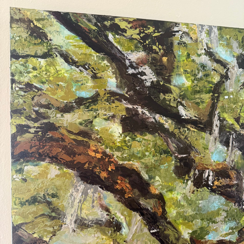 Artistic depiction of tree branches and leaves with a focus on green and brown tones. zoomed in detail shot to show palette knife texture