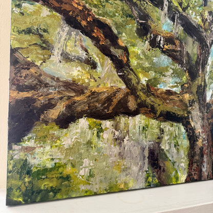 Artistic depiction of a tree branch with green and brown tones zoomed in shot to show palette knife detail