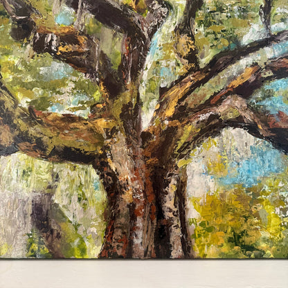 Acrylic painting of a large tree with textured brushstrokes on a white background zoomed in to show palette knife detail