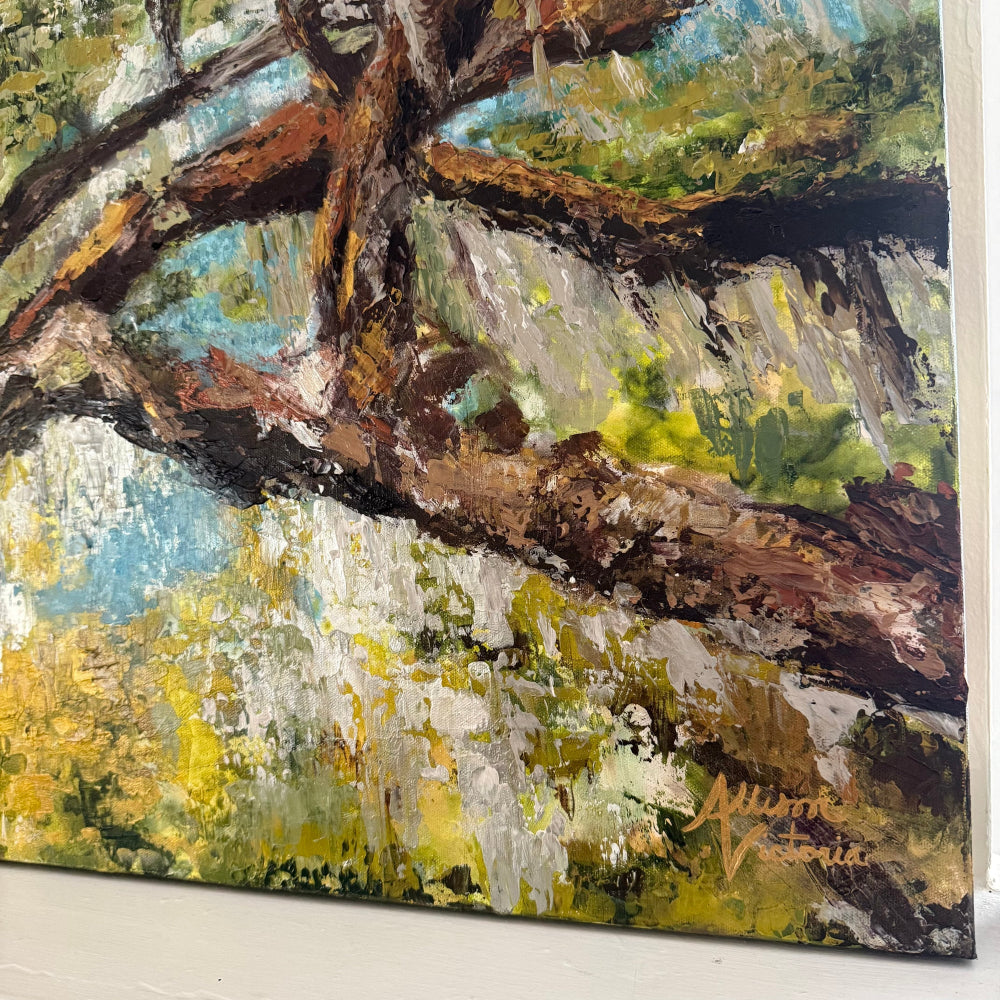 Artistic depiction of a tree branch with green foliage on a textured background zoomed in shot of larger painting to show palette knife detail