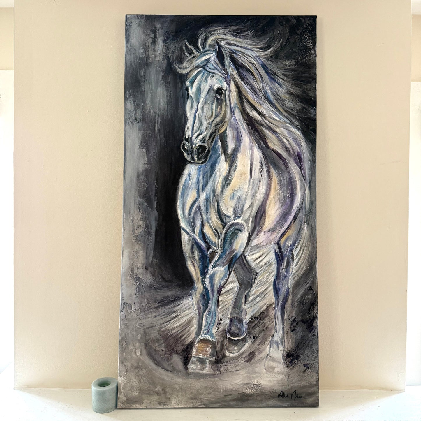 Painting of a horse on a dark background