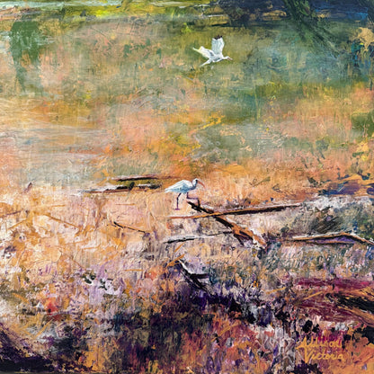 Close-up detail of textured acrylic painting showing white birds near the water and rich palette knife texture in an impressionistic landscape.