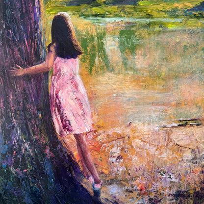 Close-up of a young girl in a pink dress leaning against a tree, painted with thick palette knife texture in an impressionistic style.