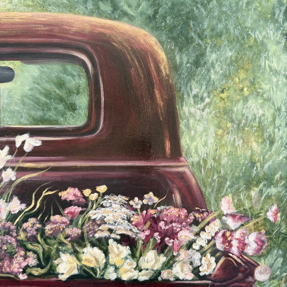 zoomed in detail shot of Oil Painting of Old Vintage Red Chevrolet truck with a variety of flowers in the bed o lots of Reds, pinks, greens, and golds