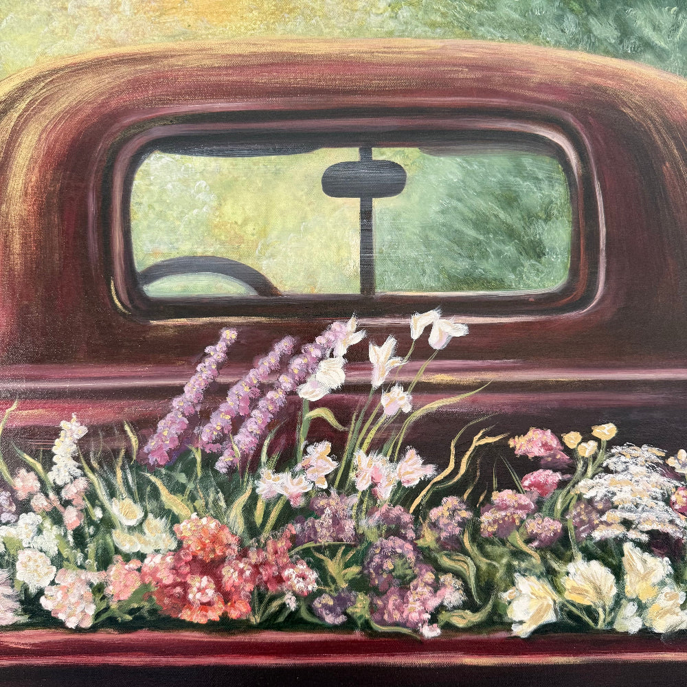 zoomed in detail shot of Oil Painting of Old Vintage Red Chevrolet truck with a variety of flowers in the bed of truck foreground,  lots of Reds, pinks, greens and golds