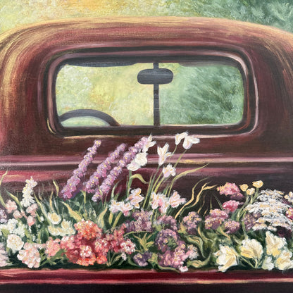 zoomed in detail shot of Oil Painting of Old Vintage Red Chevrolet truck with a variety of flowers in the bed of truck foreground,  lots of Reds, pinks, greens and golds