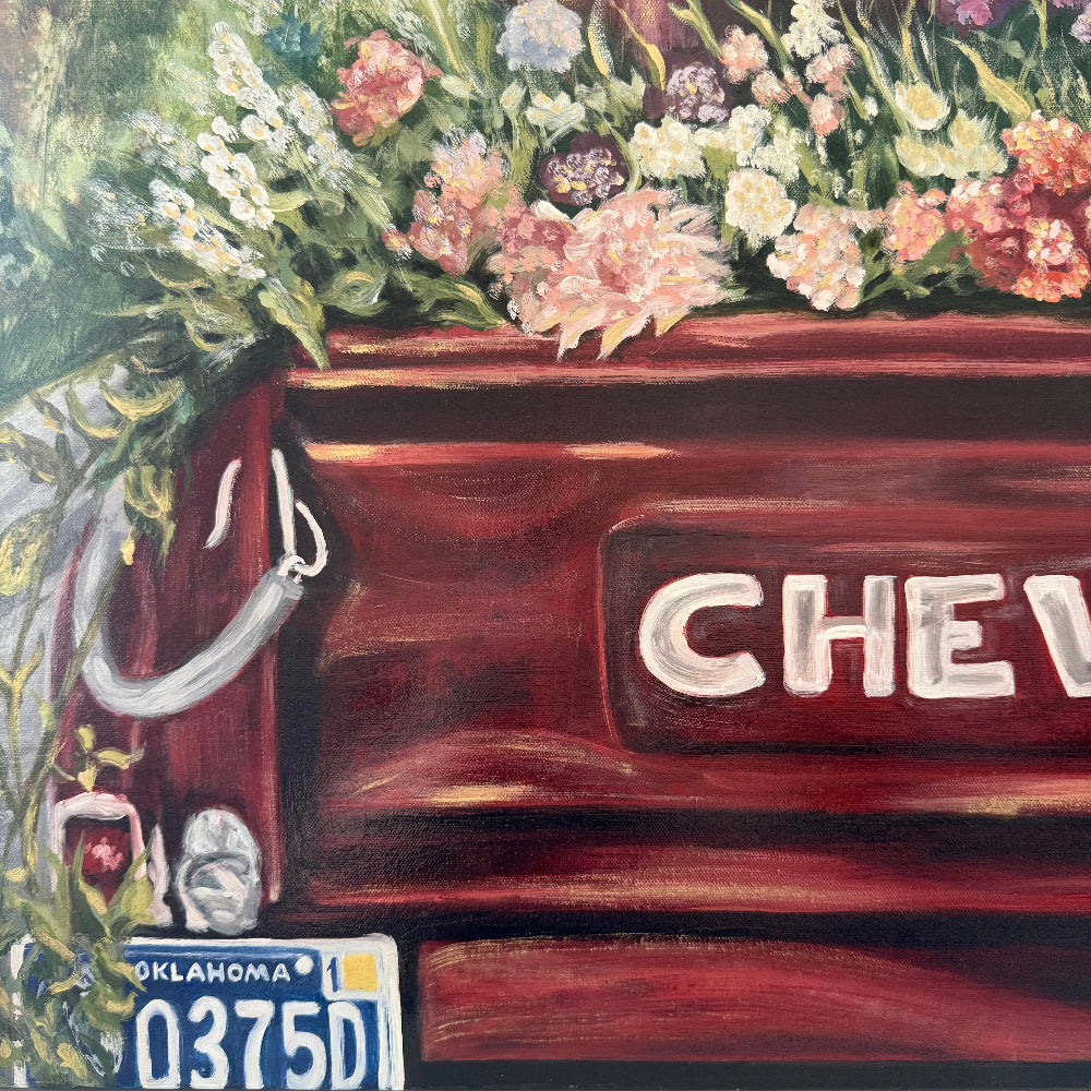 zoomed in detail shot of Oil Painting of Old Vintage Red Chevrolet truck with a variety of flowers in the bed of truck foreground,  lots of Reds, pinks, greens and golds