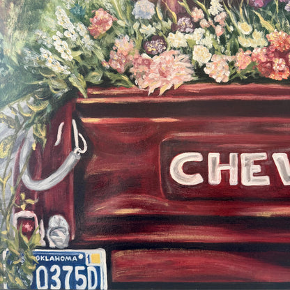 zoomed in detail shot of Oil Painting of Old Vintage Red Chevrolet truck with a variety of flowers in the bed of truck foreground,  lots of Reds, pinks, greens and golds