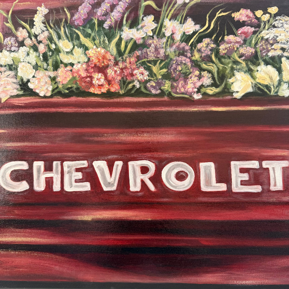 zoomed in detail shot of Oil Painting of Old Vintage Red Chevrolet truck with a variety of flowers in the bed of truck foreground,  lots of Reds, pinks, greens and golds
