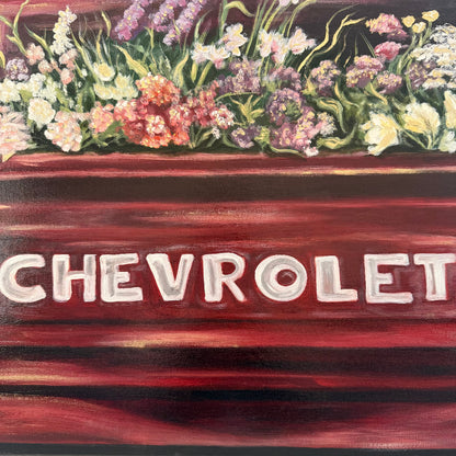 zoomed in detail shot of Oil Painting of Old Vintage Red Chevrolet truck with a variety of flowers in the bed of truck foreground,  lots of Reds, pinks, greens and golds
