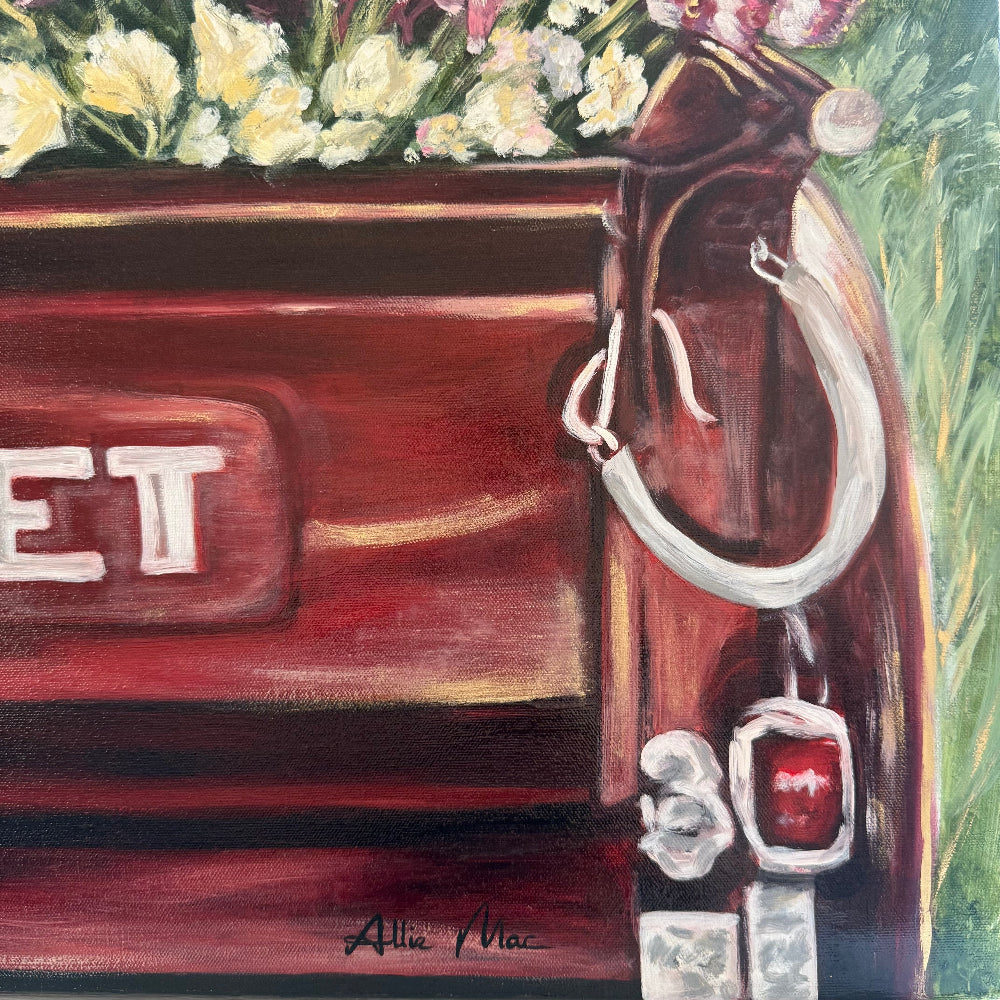 zoomed in detail shot of Oil Painting of Old Vintage Red Chevrolet truck with a variety of flowers in the bed of truck foreground,  lots of Reds, pinks, greens and golds