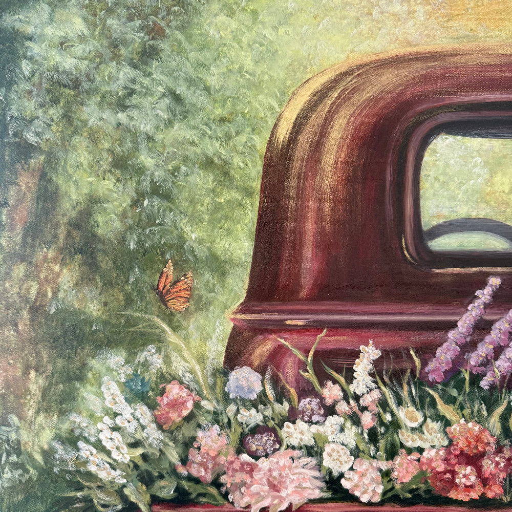 zoomed in detail shot of Oil Painting of Old Vintage Red Chevrolet truck with a variety of flowers in the bed orange butterfly lots of Reds, pinks, greens.