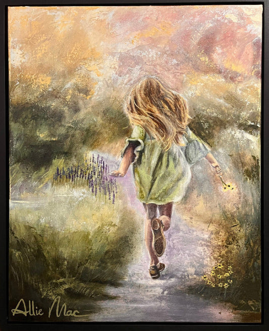 First Flowers original mixed media and oil painting by Allison Victoria featuring a young girl running down a spring path holding wildflowers in a dreamy impressionistic landscape.
