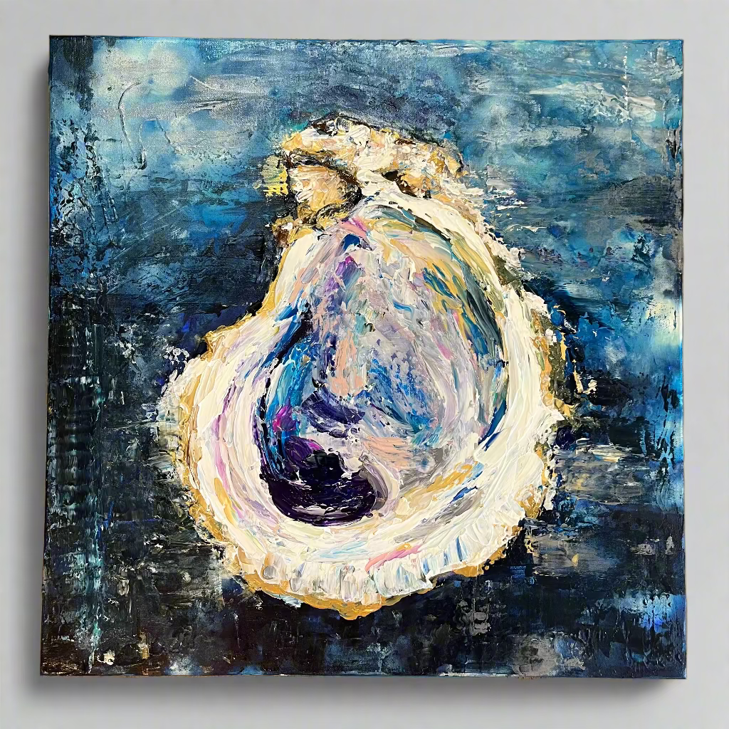 Acrylic painting of an oyster on canvas with a palette knife texture, predominantly blue and white.