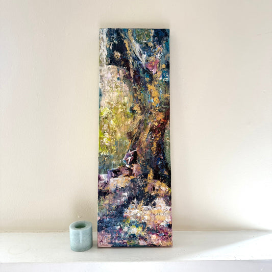 Original acrylic palette knife painting "Looking In" by Allison Victoria, featuring a young girl peeking into the nook of the Tree of Life in New Orleans, Louisiana in a colorful abstract style.