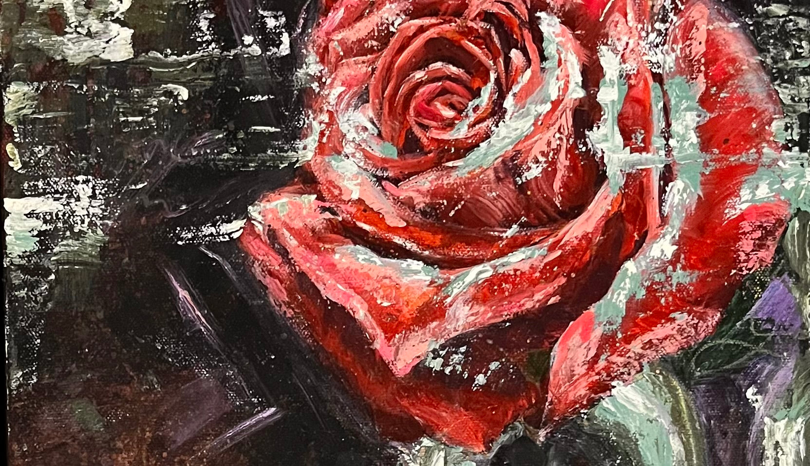 Large red Oklahoma rose right of center with teal and white palette knife accents on a dark purple and green background acrylic mixed media painting finished with oil paint by Alliso Victoria