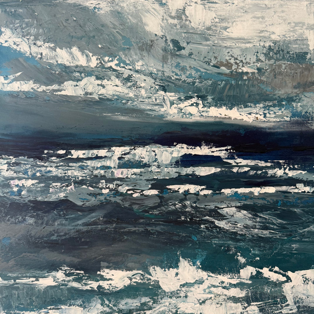 Abstract painting of ocean close up to zoom into palette knife work detail with wavy patterns in blue, white, and gray tones.