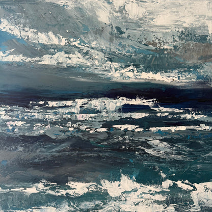 Abstract painting of ocean close up to zoom into palette knife work detail with wavy patterns in blue, white, and gray tones.