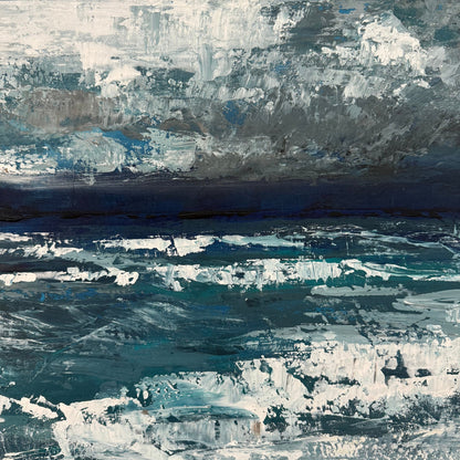 Abstract art ocean zoomed in to show close up of detail acrylic palette knife texture with a mix of blue, gray, and white colors.