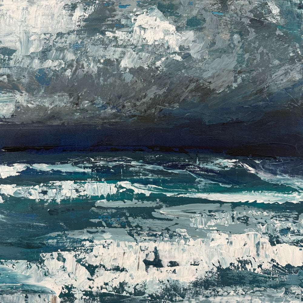Abstract art with a mix of blue, gray, and white colors. close up of ocean acrylic palette knife painting.