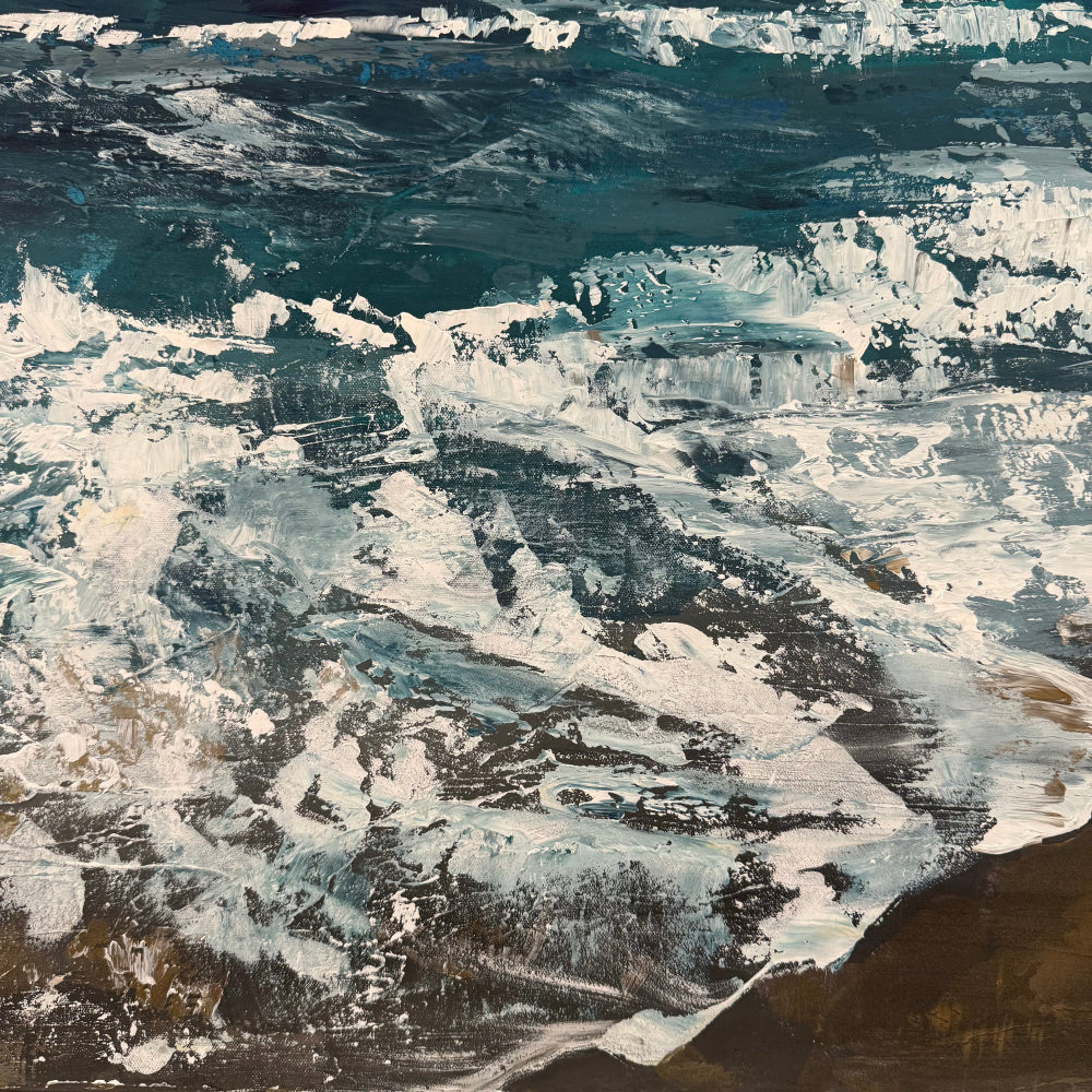 Abstract painting of ocean with a mix of white, black, and gray tones. Zoomed in close up of acrylic palette knife painting