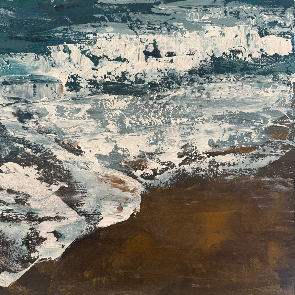 Abstract painting with a mix of brown, white, and gray colors zoomed in close of acrylic palette knife texture