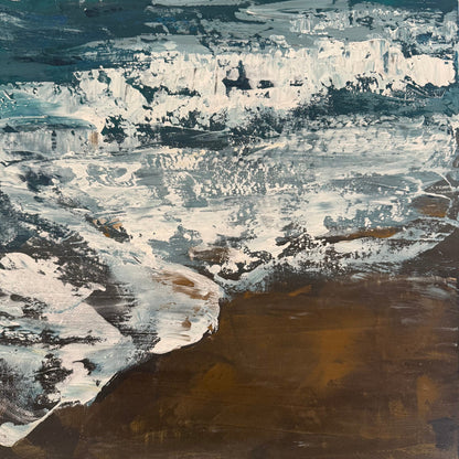 Abstract painting with a mix of brown, white, and gray colors zoomed in close of acrylic palette knife texture