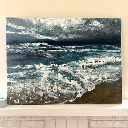 Abstract palette knife painting with blue and white tones on a beige wall on mantle 