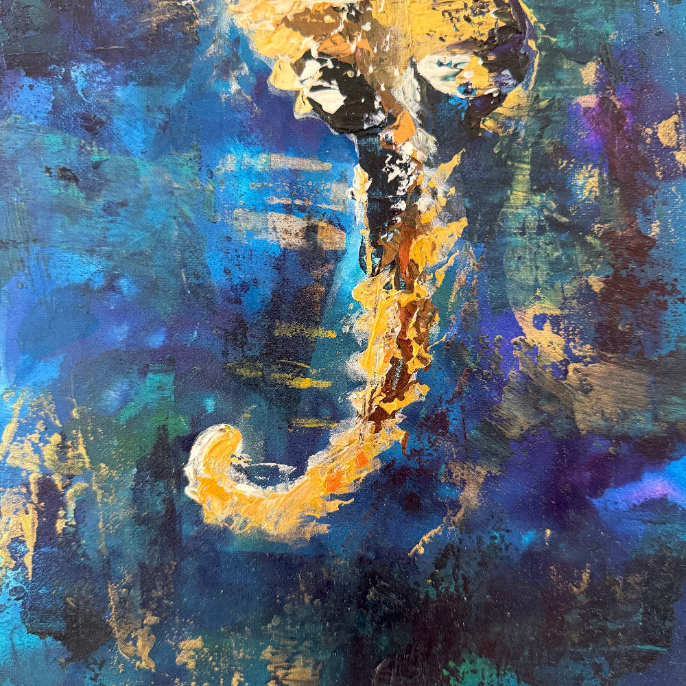 Abstract painting seahorse tail with gold and blue hues