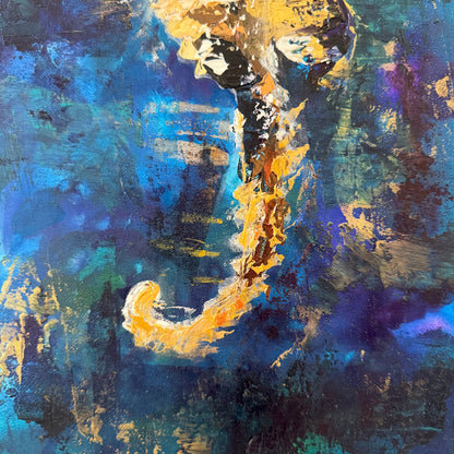 Abstract painting seahorse tail with gold and blue hues