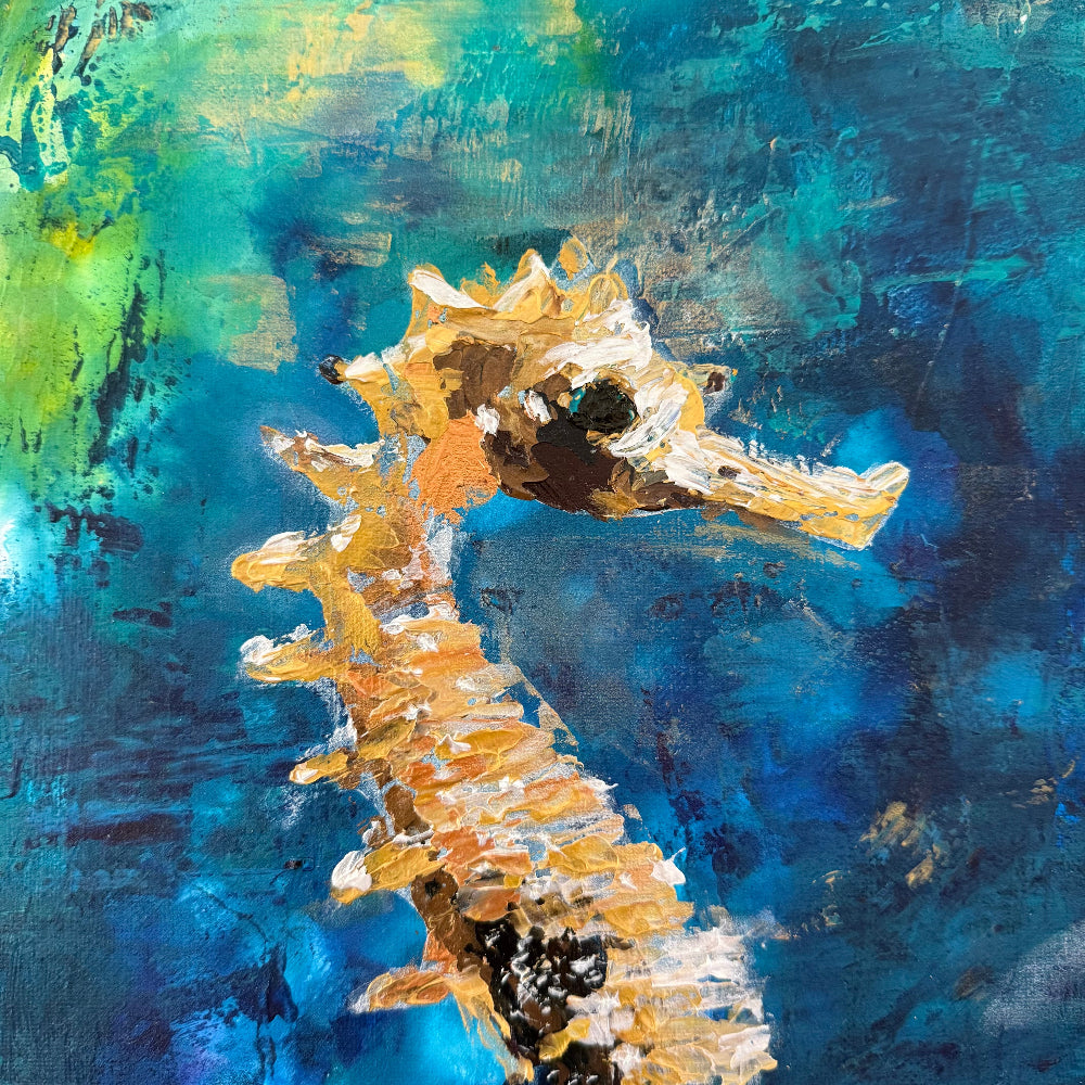 Abstract painting of a seahorse with gold and black details on a blue and green background