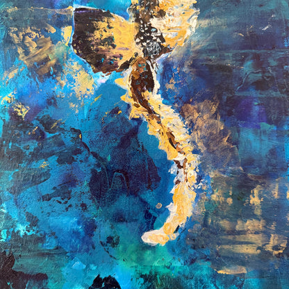 Abstract art seahorse tail with blue, gold, and brown colors lots of texture close up