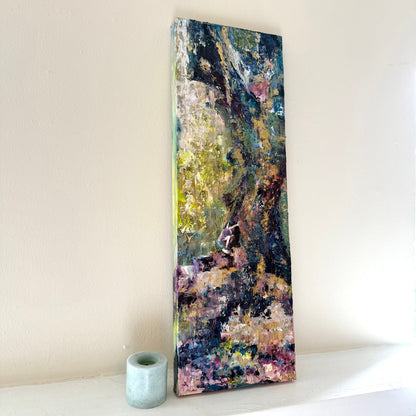 Side angled view of "Looking In" original  acrylic painting showing canvas depth and thick palette knife texture on a gallery wrapped canvas 