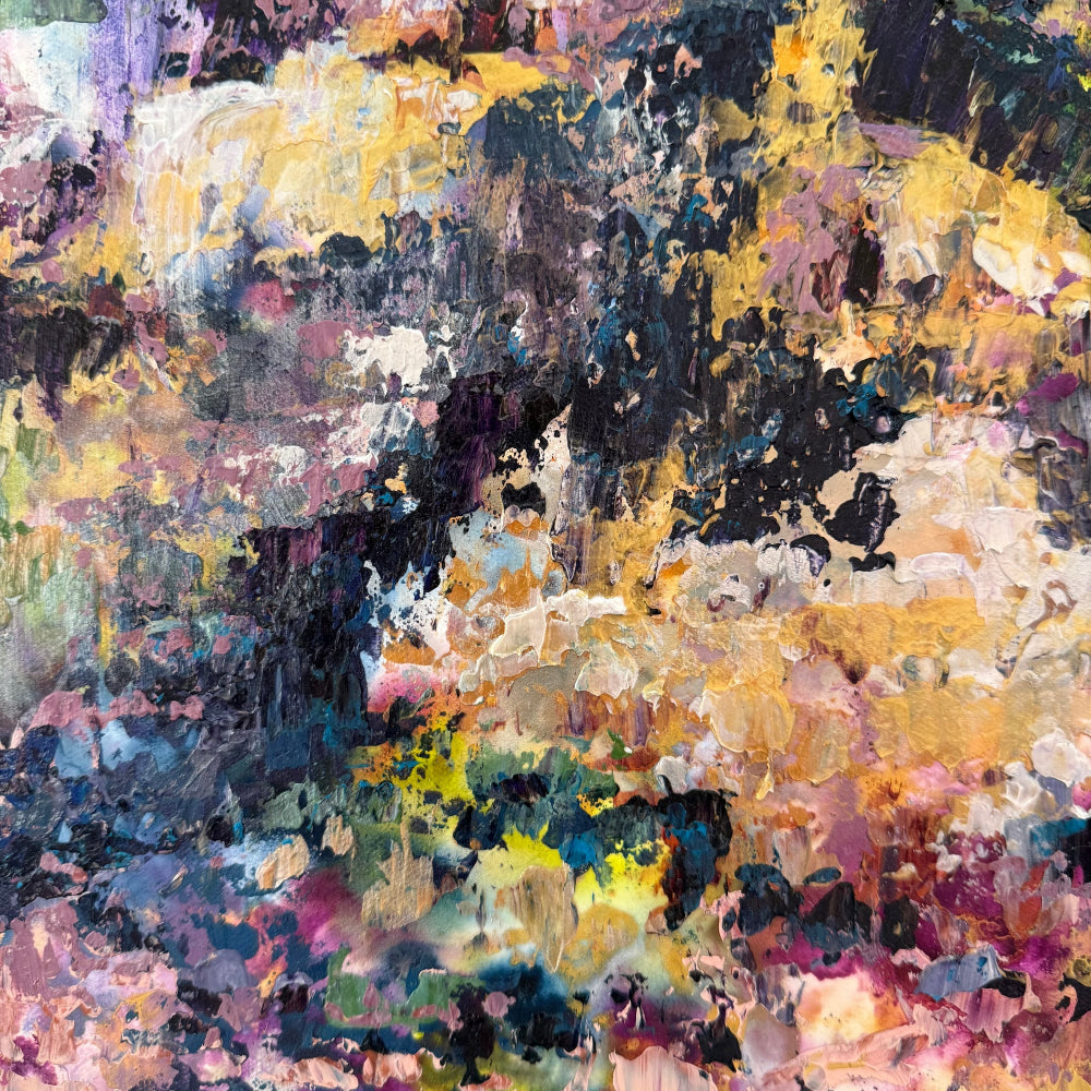 Close-up texture of acrylic palette knife painting with layered colors and thick impasto brushwork in pink, gold, blue and cream tones.