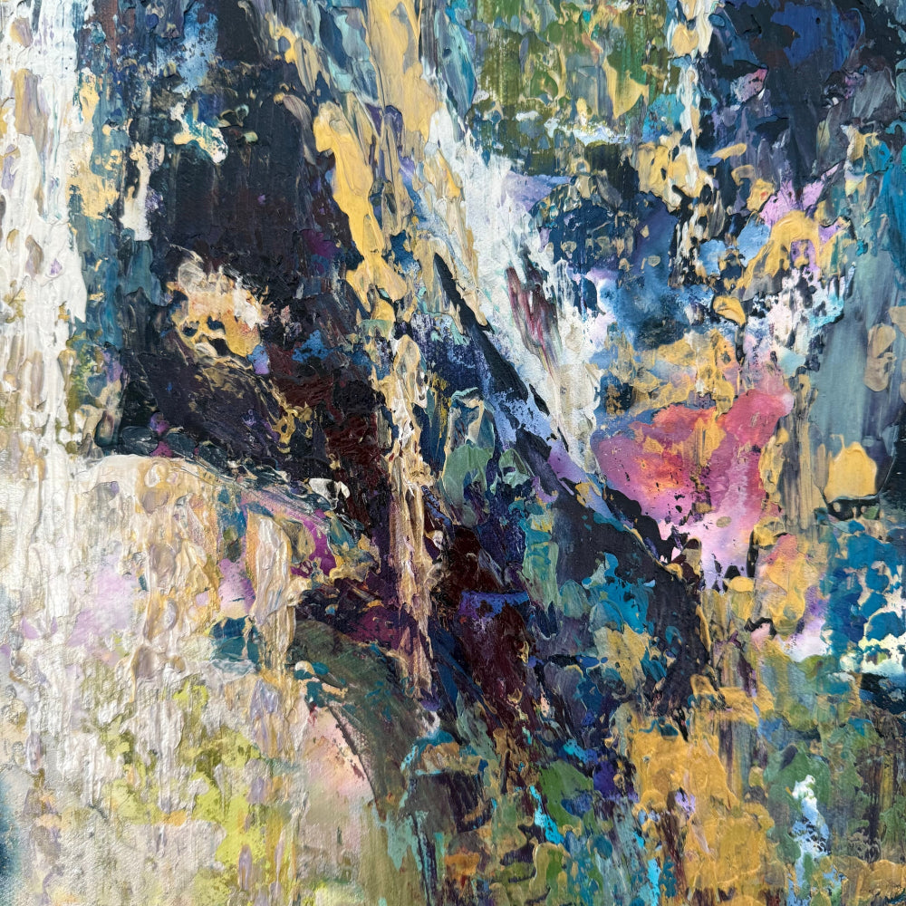 Detailed view of palette knife painting showing layered acrylic textures and organic color movement inspired by tree forms and natural light