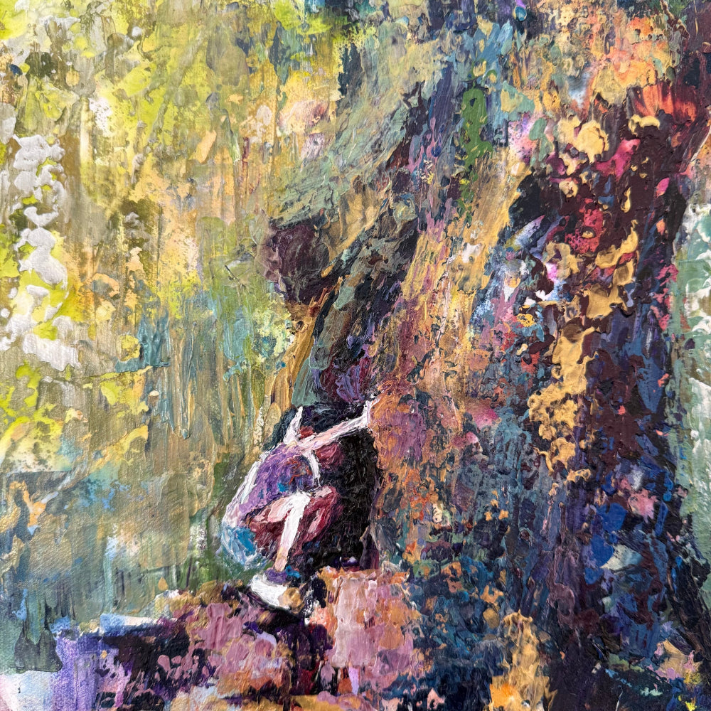 Close-up of a young girl sitting at the base of a tree, looking into a hollow, in a textured acrylic palette knife painting.