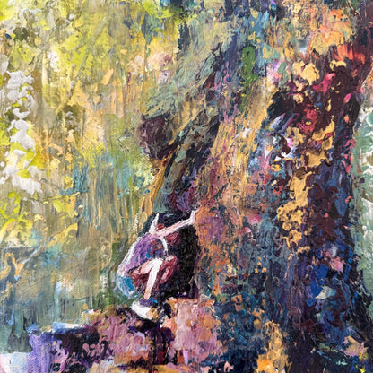 Close-up of a young girl sitting at the base of a tree, looking into a hollow, in a textured acrylic palette knife painting.