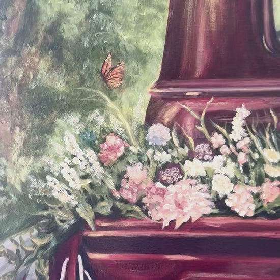 Video pan and zoom in to out of Old Vintage Red Chevrolet truck oil painting with a variety of flowers in the bed of truck foreground,  lots of Reds, pinks, greens and golds