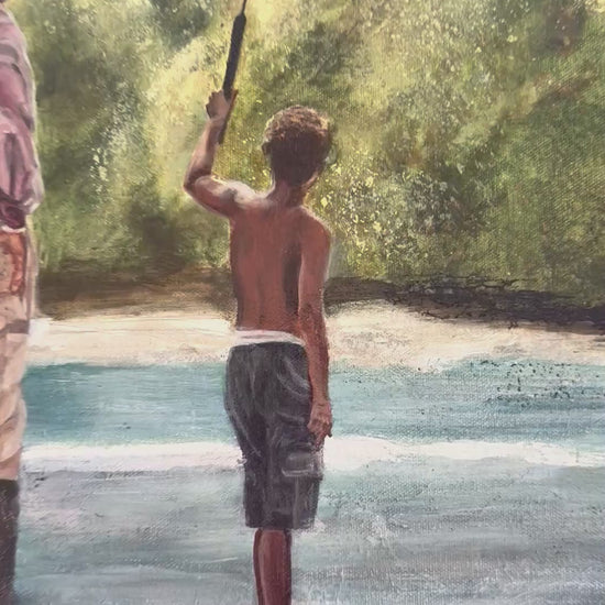 video of original mixed media acrylic and oil painting by Allison Victoria greens blues and browns and white hues. impressionistic mixed media and oil painting of a grandfather teaching his grandson to fish in a peaceful river surrounded by glowing green trees and soft sunlight. The painting captures mentorship, discipleship, generational wisdom, faith, and the beauty of quiet childhood memories