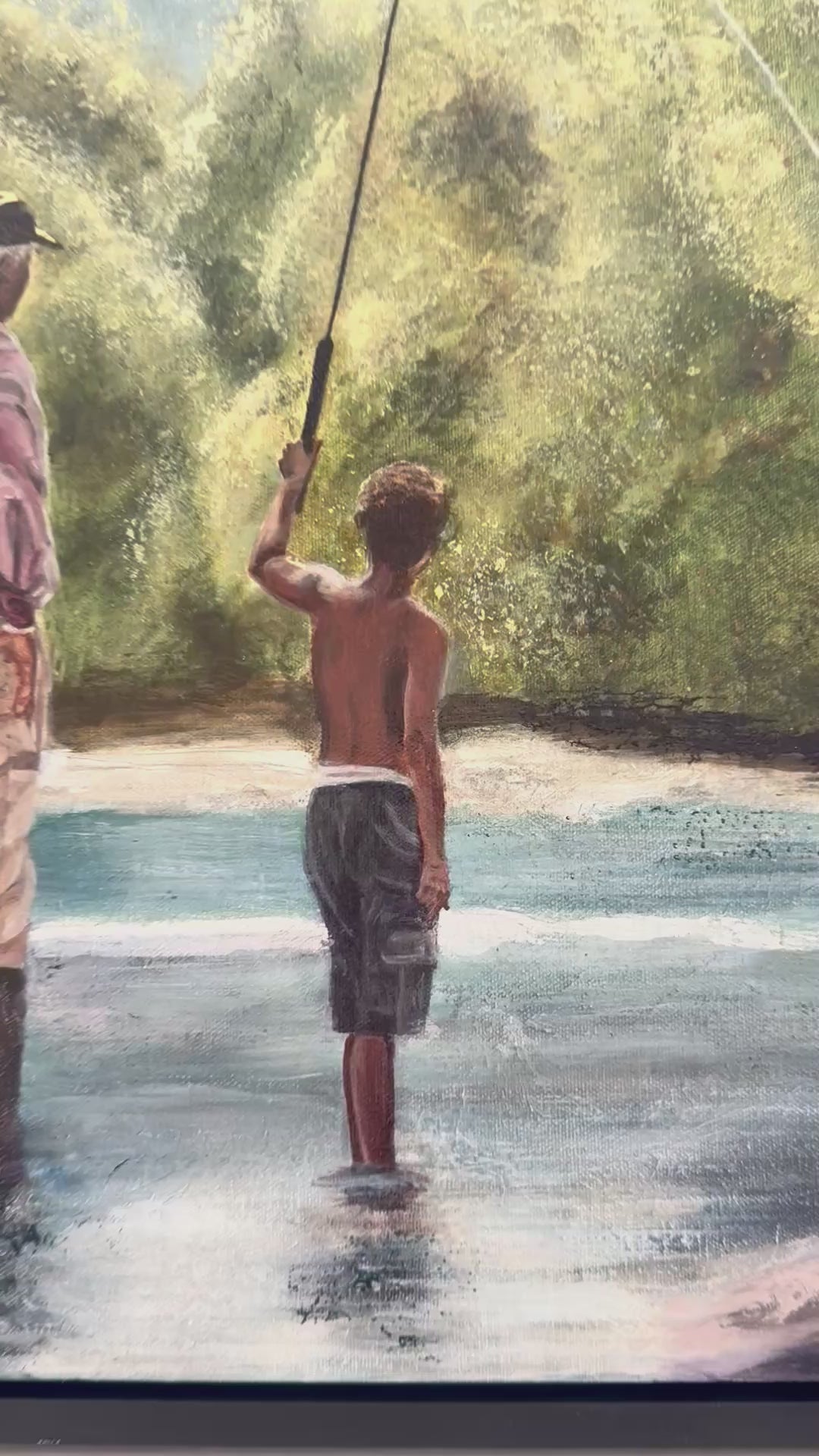 video of original mixed media acrylic and oil painting by Allison Victoria greens blues and browns and white hues. impressionistic mixed media and oil painting of a grandfather teaching his grandson to fish in a peaceful river surrounded by glowing green trees and soft sunlight. The painting captures mentorship, discipleship, generational wisdom, faith, and the beauty of quiet childhood memories